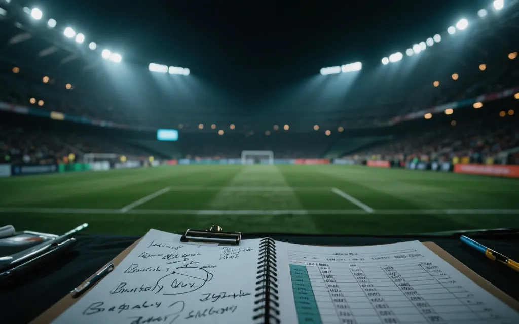 淘汰赛夜晚球场氛围与战术分析笔记，象征晋级路径与临场变量