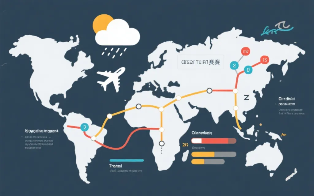 世界杯淘汰赛赛程与旅行路线示意，叠加天气图标与疲劳标签